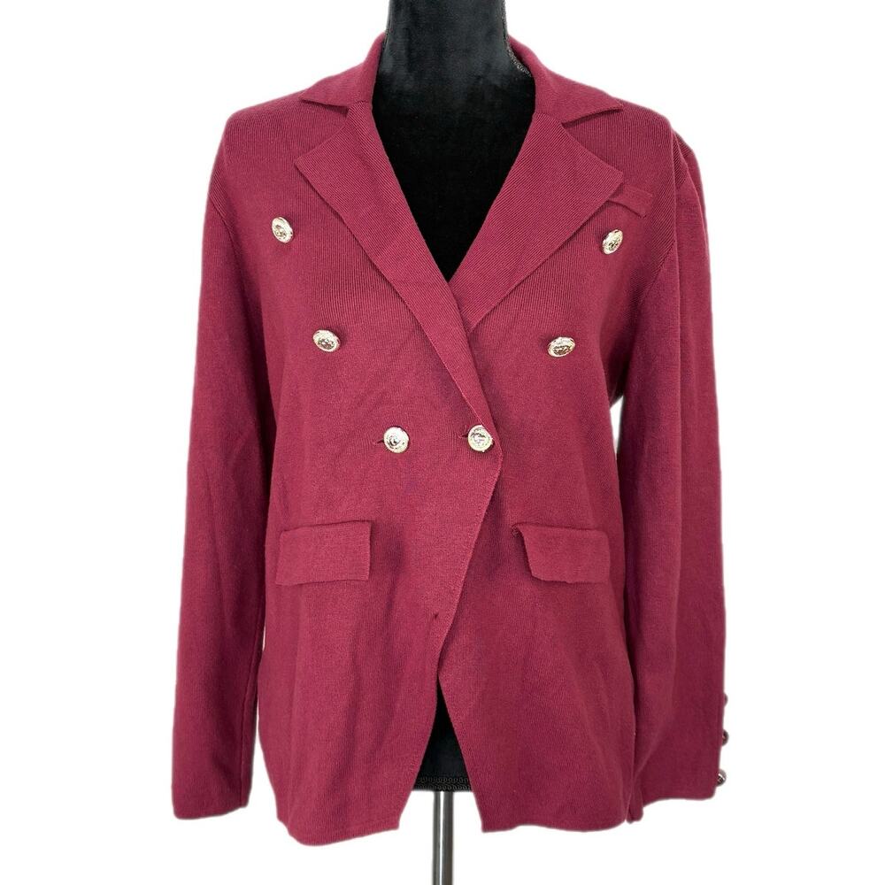Eva & Paige Burgundy Knit Double Breasted Gold Button Top - Women's Size L